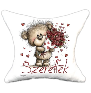 szerelmes macika rózsacsokorral, plüsspárna, cuki  párna valentinnapra, levandy