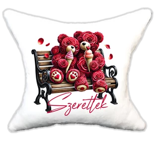 szerelmes rózsamacik padon, plüsspárna, cuki  párna valentinnapra, levandy
