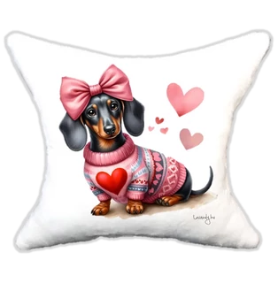 szerelmes tacskó szíves pulcsiban masnival, plüsspárna, cuki  párna valentin napra, levandy