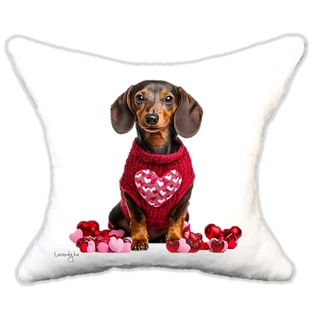 szerelmes tacskó szíves pulcsiban, plüsspárna, cuki  párna valentin napra, levandy