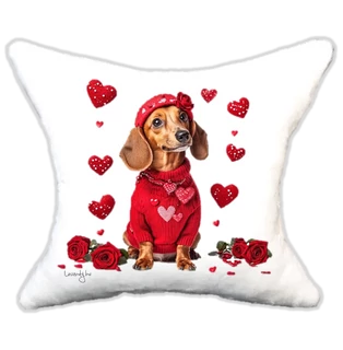 szerelmes tacskó szívekkel sapkában, plüsspárna, cuki  párna valentin napra, levandy