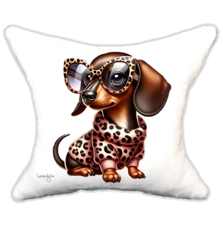 szerelmes tacskó leopárdos ruhában , plüsspárna, cuki  párna valentin napra, levandy