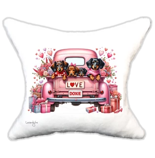 szerelmes tacskók rózsaszín autóban , plüsspárna, cuki  párna valentin napra, levandy