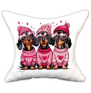 szerelmes tacskók sapkában, plüsspárna, cuki  párna valentin napra, levandy