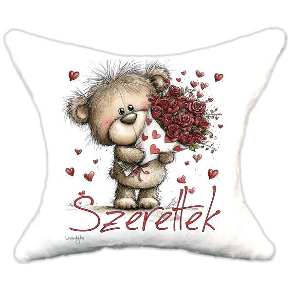 szerelmes macika rózsacsokorral, plüsspárna, cuki  párna valentinnapra, levandy