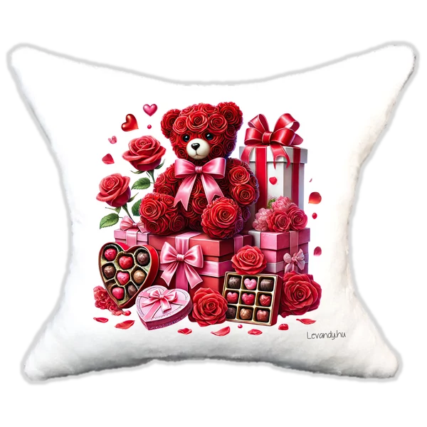 szerelmes rózsamaci bonbonokkal, plüsspárna, cuki  párna valentinnapra, levandy