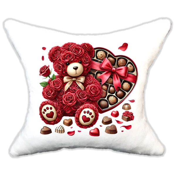 szerelmes rózsamaci csokibonbonokkal, plüsspárna, cuki  párna valentinnapra, levandy