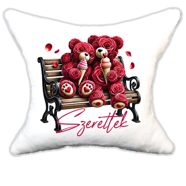 szerelmes rózsamacik padon, plüsspárna, cuki  párna valentinnapra, levandy