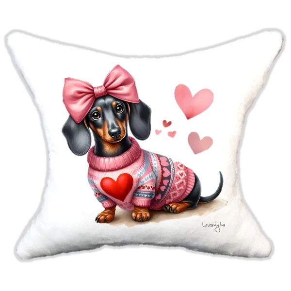 szerelmes tacskó szíves pulcsiban masnival, plüsspárna, cuki  párna valentin napra, levandy