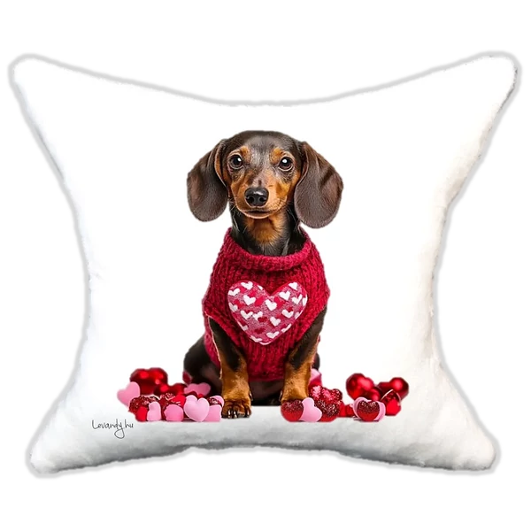 szerelmes tacskó szíves pulcsiban, plüsspárna, cuki  párna valentin napra, levandy