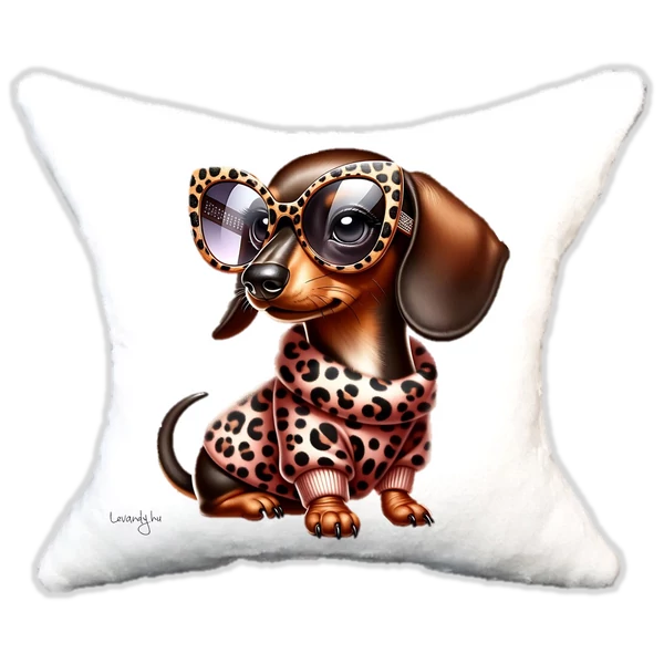 szerelmes tacskó leopárdos ruhában , plüsspárna, cuki  párna valentin napra, levandy