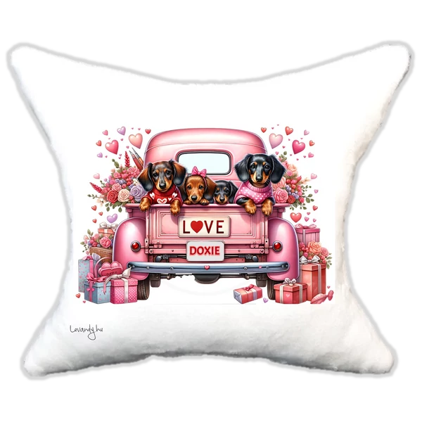 szerelmes tacskók rózsaszín autóban , plüsspárna, cuki  párna valentin napra, levandy