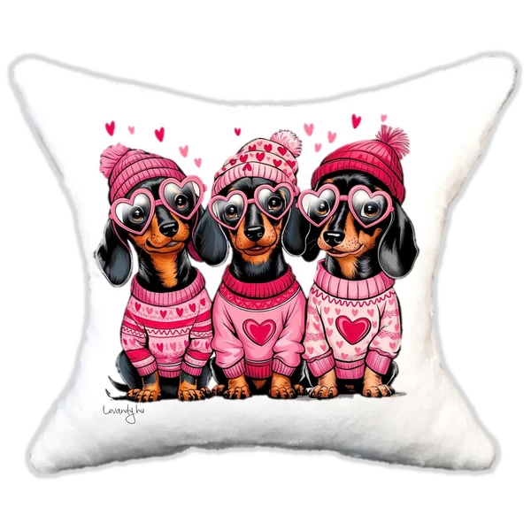 szerelmes tacskók sapkában, plüsspárna, cuki  párna valentin napra, levandy